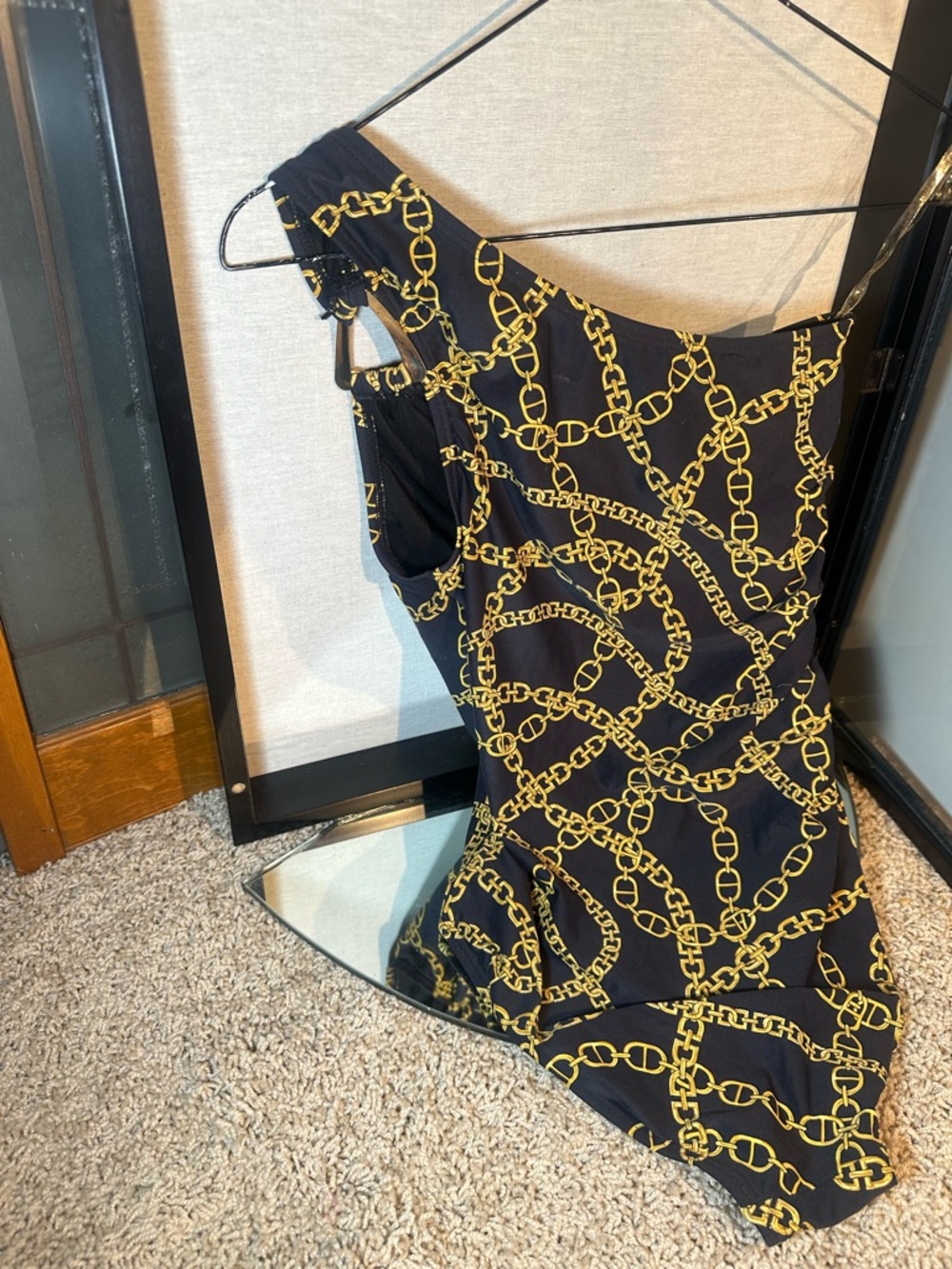 MICHAEL Michael Kors Black One-Shoulder Dress with Gold Chain Print